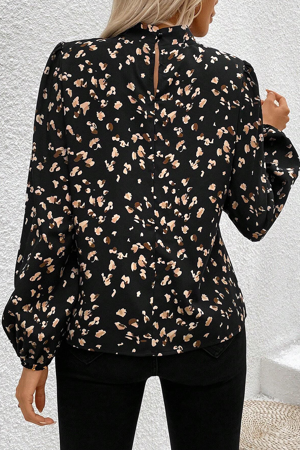 White Leopard Print Puff Sleeve Mock Neck Pleated Blouse