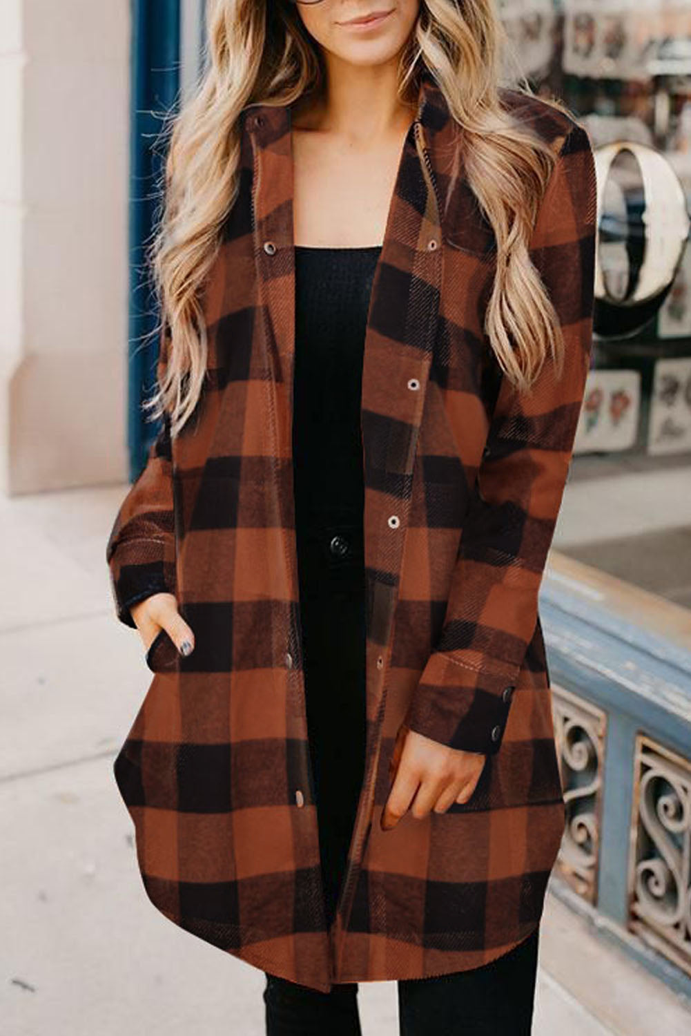 Red Plaid Collared Button Down Long Shirt Shacket