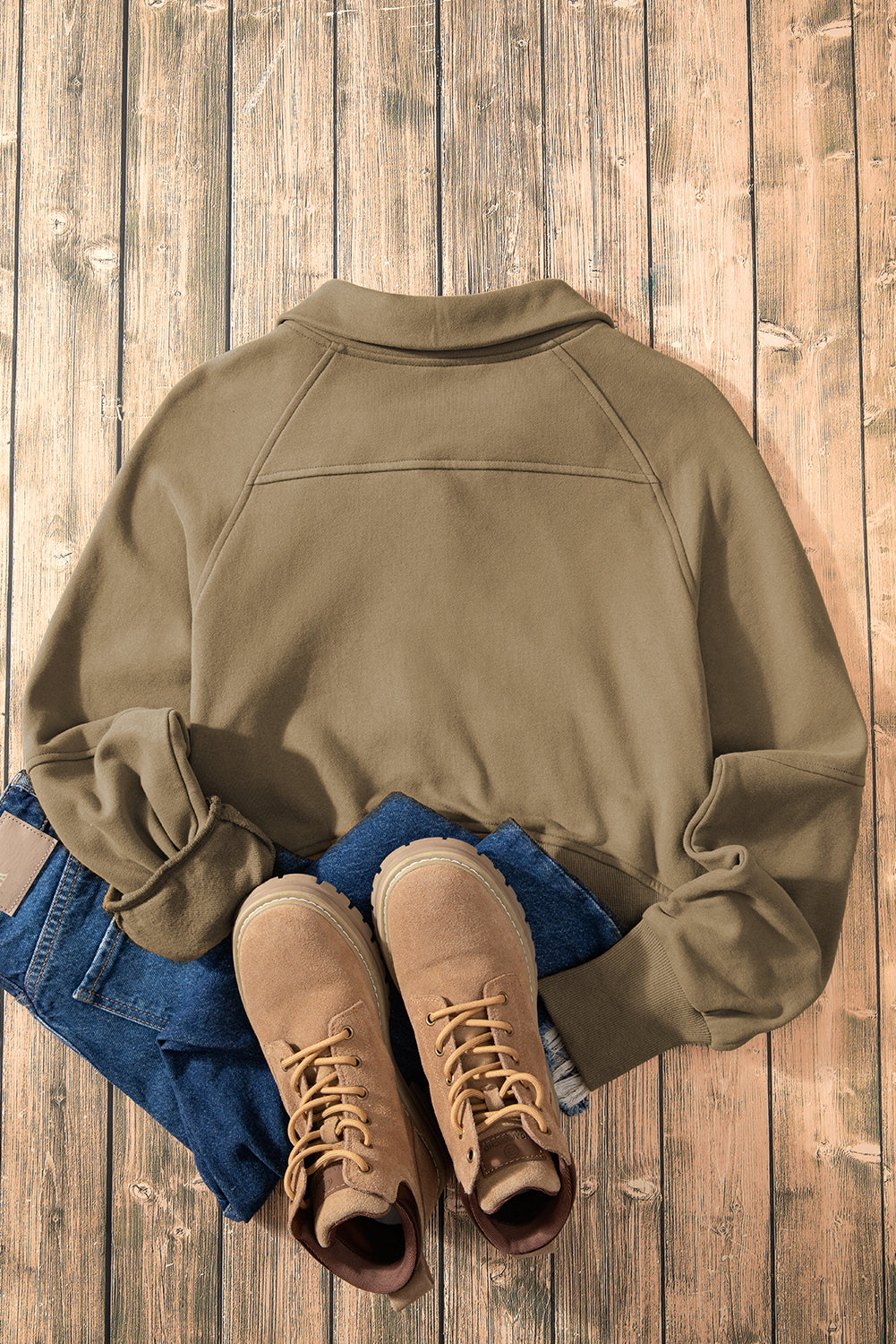 Parchment Zip Up Stand Collar Ribbed Thumbhole Sleeve Sweatshirt