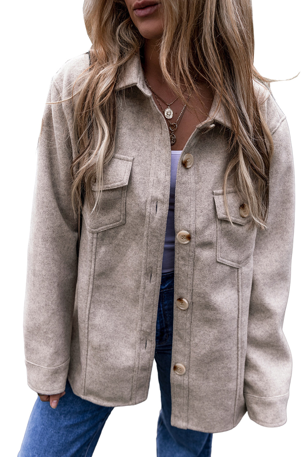 Light Grey Turn Down Collar Flap Pockets Buttoned Shacket