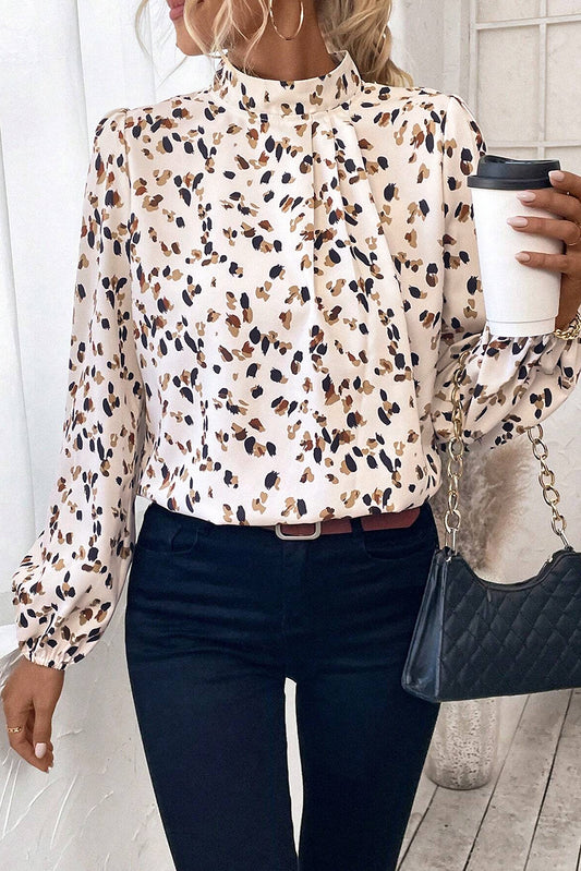 White Leopard Print Puff Sleeve Mock Neck Pleated Blouse