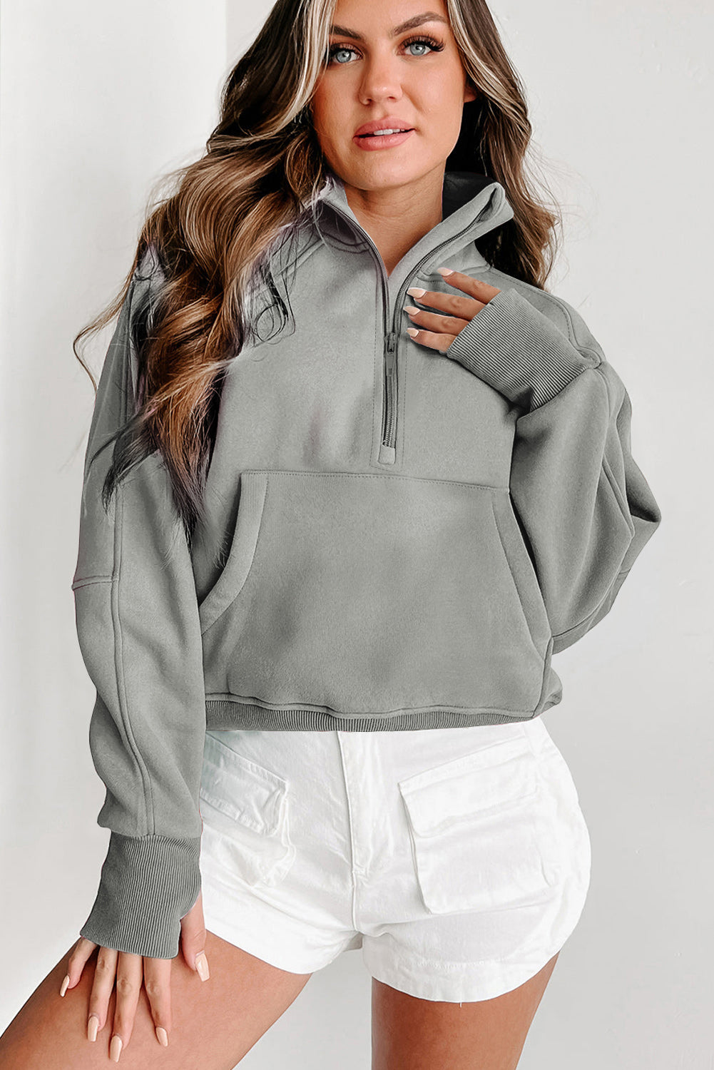 Parchment Zip Up Stand Collar Ribbed Thumbhole Sleeve Sweatshirt