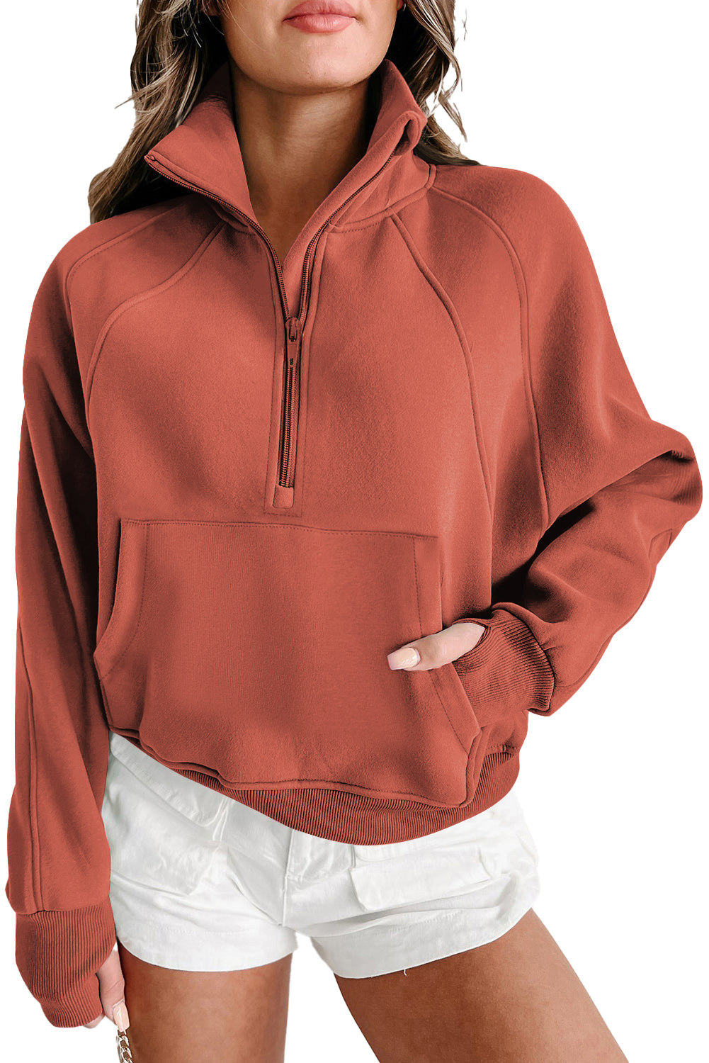 Parchment Zip Up Stand Collar Ribbed Thumbhole Sleeve Sweatshirt