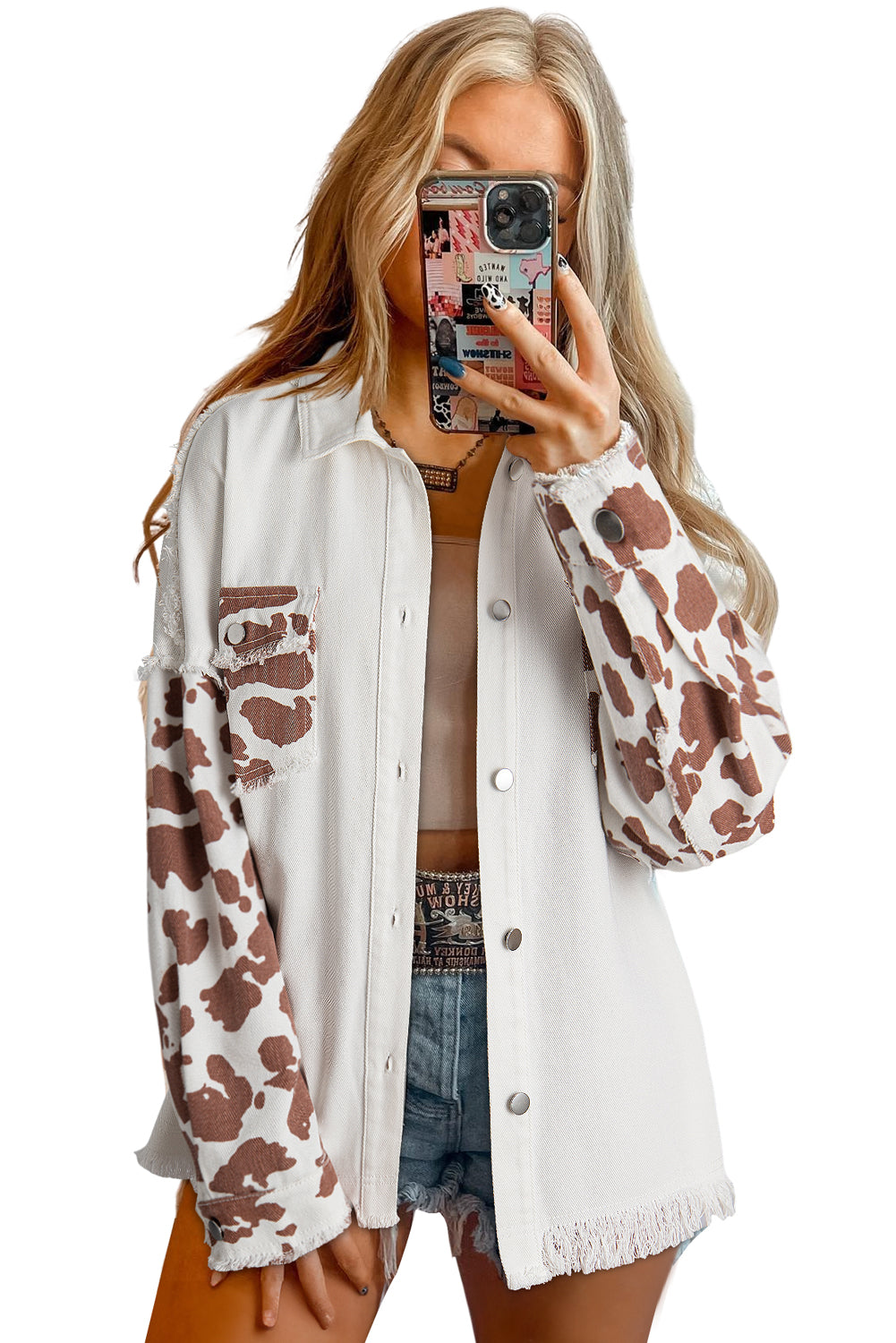 White Spot Patchwork Flap Pocket Distressed Hem Long Denim Jacket