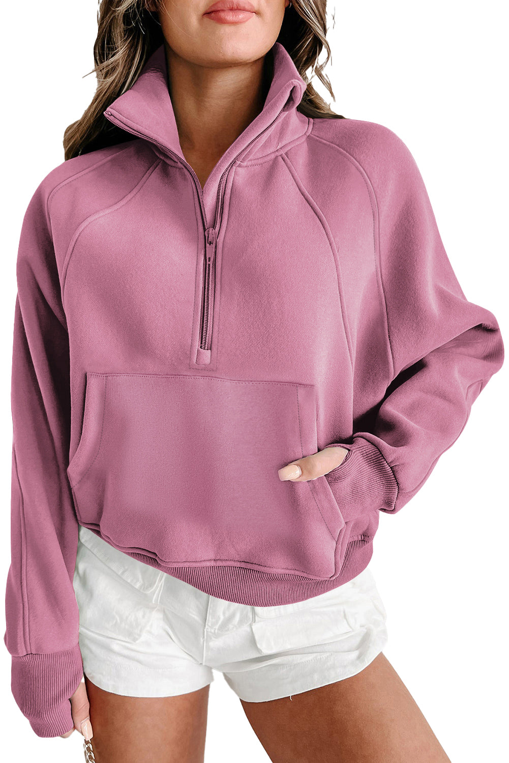 Parchment Zip Up Stand Collar Ribbed Thumbhole Sleeve Sweatshirt