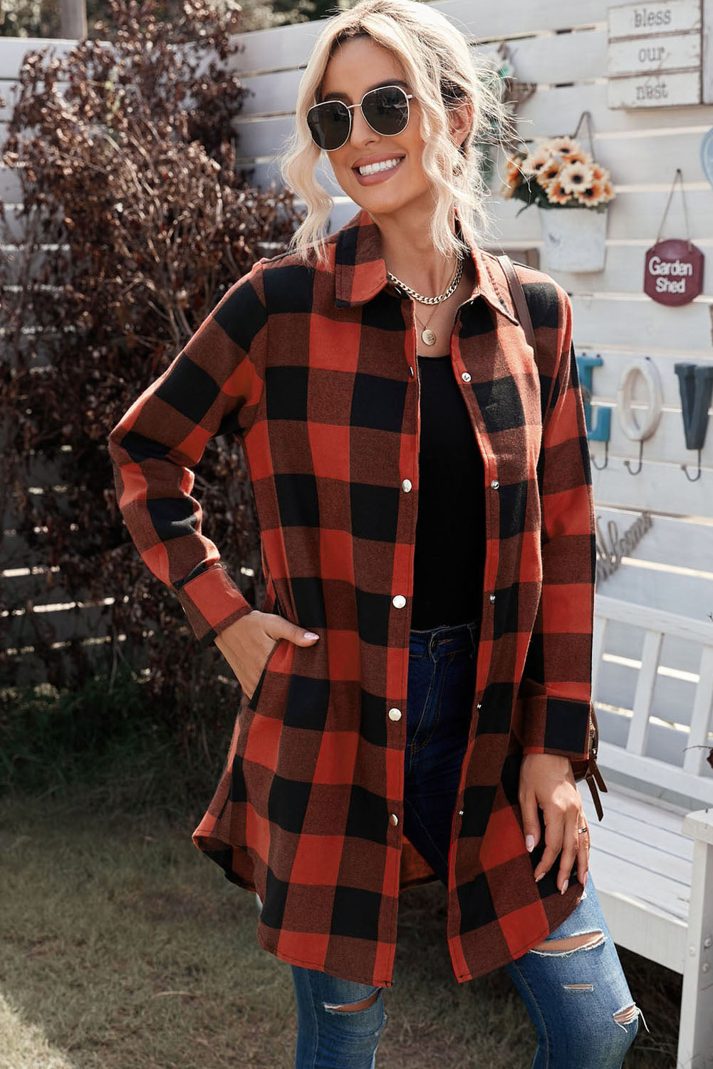 Red Plaid Collared Button Down Long Shirt Shacket