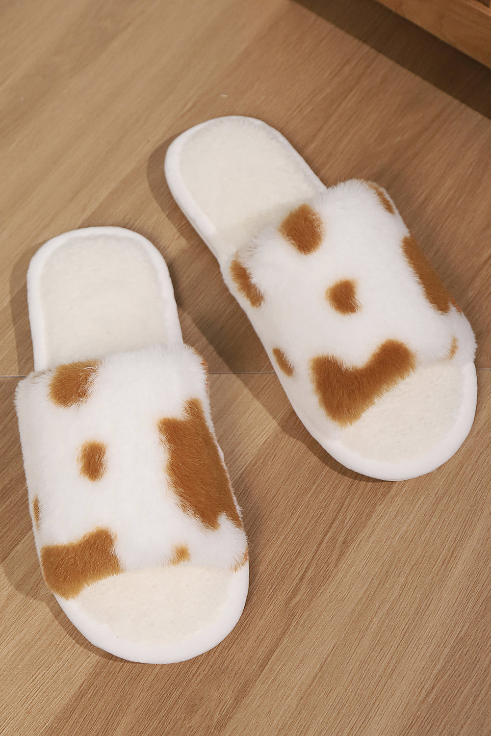 Coffee Fuzzy Cow Spots Open Toe Winter Home Slippers